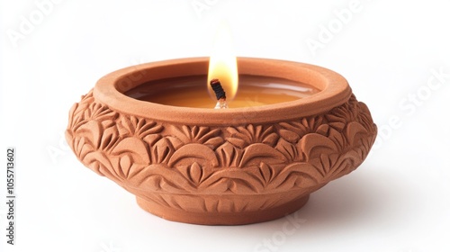 Clay diya with carved details and single flame, symbolizing hope and light, isolated on white