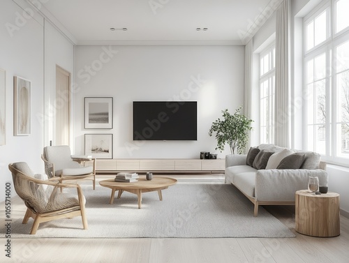 White walls with light wood flooring, soft gray furniture, and simple decor for a warm