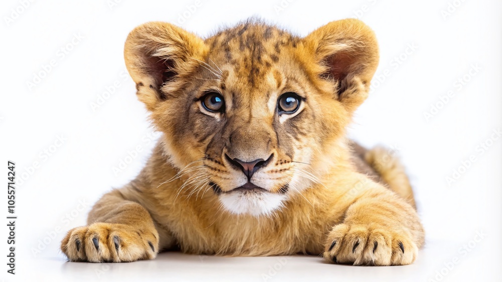 Fototapeta premium Adorable Lion Cub Isolated on White Background - African Wildlife Photography of Baby Animals
