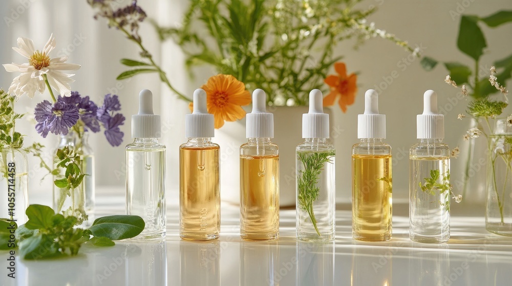 Natural face oils and serums in glass bottles with plants in the background. Natural face oils and serums in glass bottles with plants in the background.