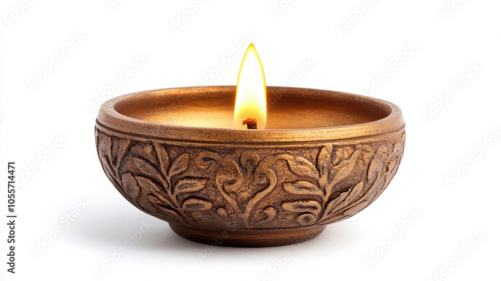 Diya lamp with a soft golden flame and decorative carvings, creating a warm glow, isolated on white Diya lamp with a soft golden flame and decorative carvings, creating a warm glow, isolated on white