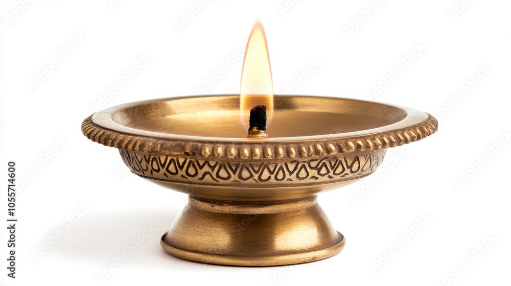 Elegant brass diya lamp with a small flame, showcasing Indian culture and heritage, isolated on white Elegant brass diya lamp with a small flame, showcasing Indian culture and heritage, isolated on white