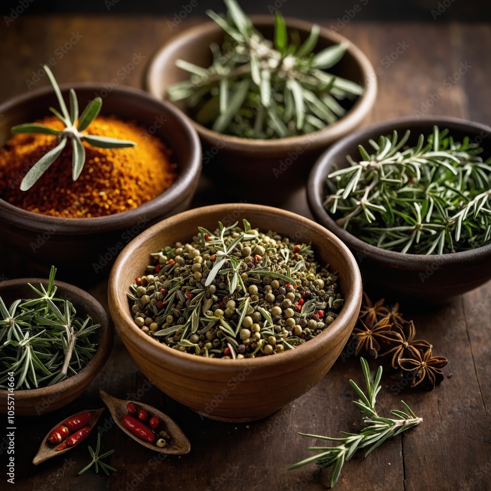 A variety of fresh herbs and spices arranged in small bowls, showcasing vibrant colors and rich textures, ideal for culinary inspiration and natural flavor A variety of fresh herbs and spices arranged in small bowls, showcasing vibrant colors and rich textures, ideal for culinary inspiration and natural flavor