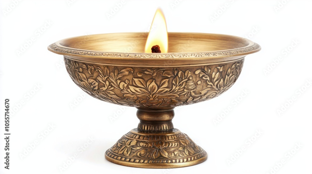 Elegant brass diya lamp with detailed carvings and a soft, gentle flame, symbolizing spirituality, isolated on white Elegant brass diya lamp with detailed carvings and a soft, gentle flame, symbolizing spirituality, isolated on white