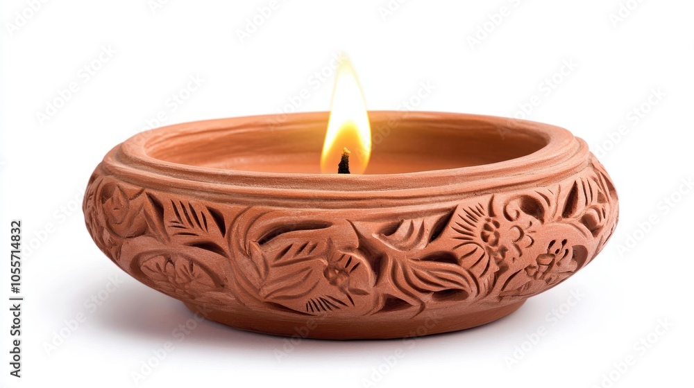 Elegant clay diya lamp with detailed carvings and warm flame, isolated on white Elegant clay diya lamp with detailed carvings and warm flame, isolated on white