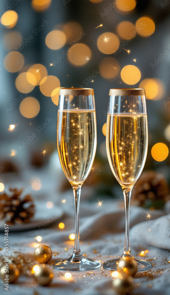 Two elegant champagne glasses filled with sparkling bubbles stand amidst shimmering lights and festive decorations, creating a warm and celebratory atmosphere.
Two elegant champagne glasses filled with sparkling bubbles stand amidst shimmering lights and festive decorations, creating a warm and celebratory atmosphere.
