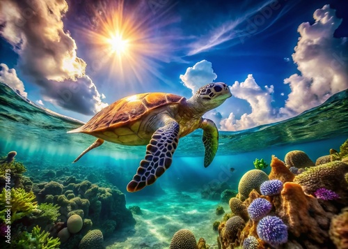 Adorable Sea Turtle Artwork in Vibrant Colors Captured by Drone Photography - Oceanic Beauty photo