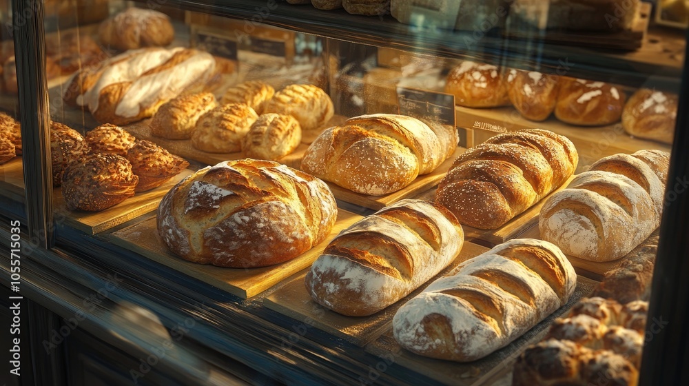 Freshly baked bread and pastries displayed in bakery window Freshly baked bread and pastries displayed in bakery window