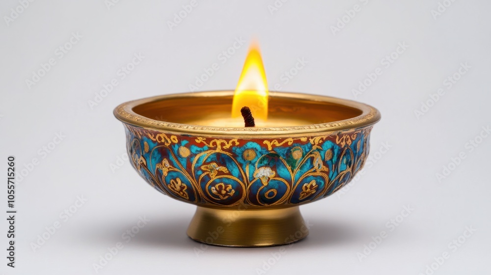 Intricate diya lamp with golden flame and decorative design, celebrating tradition, isolated on white Intricate diya lamp with golden flame and decorative design, celebrating tradition, isolated on white