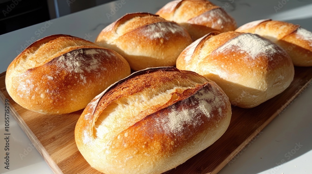 Freshly baked bread loaves resting on wooden cutting board Freshly baked bread loaves resting on wooden cutting board