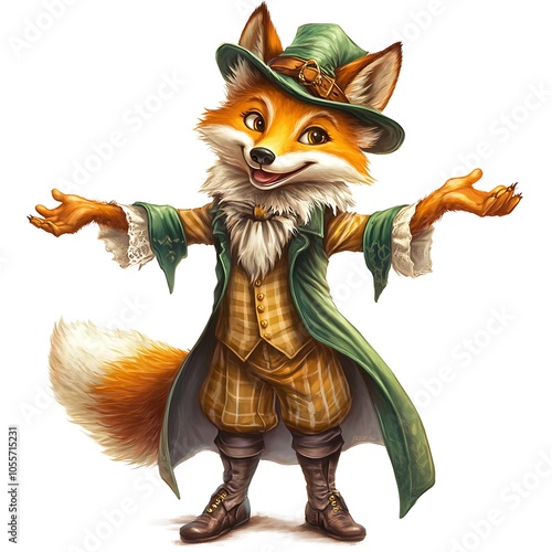 A clever cartoon fox dressed as a trickster from a fairy tale on a white background. photo