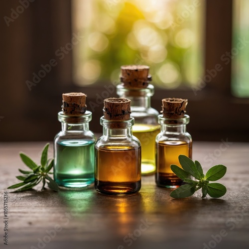 A collection of elegantly arranged essential oil bottles, showcasing their vibrant colors and unique designs, ideal for aromatherapy and wellness