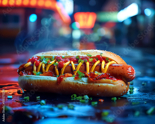 Delicious hotdog in bun topped with mustard, ketchup, and green onions, set against vibrant, colorful background. Perfect for street food lovers photo