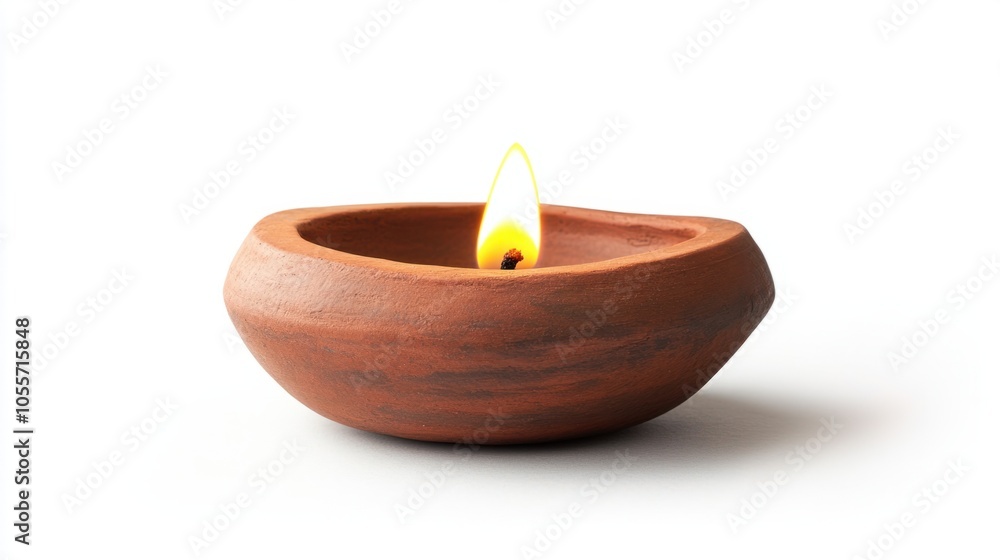 Simple clay diya with a golden flame, representing warmth and spirituality, isolated on white Simple clay diya with a golden flame, representing warmth and spirituality, isolated on white