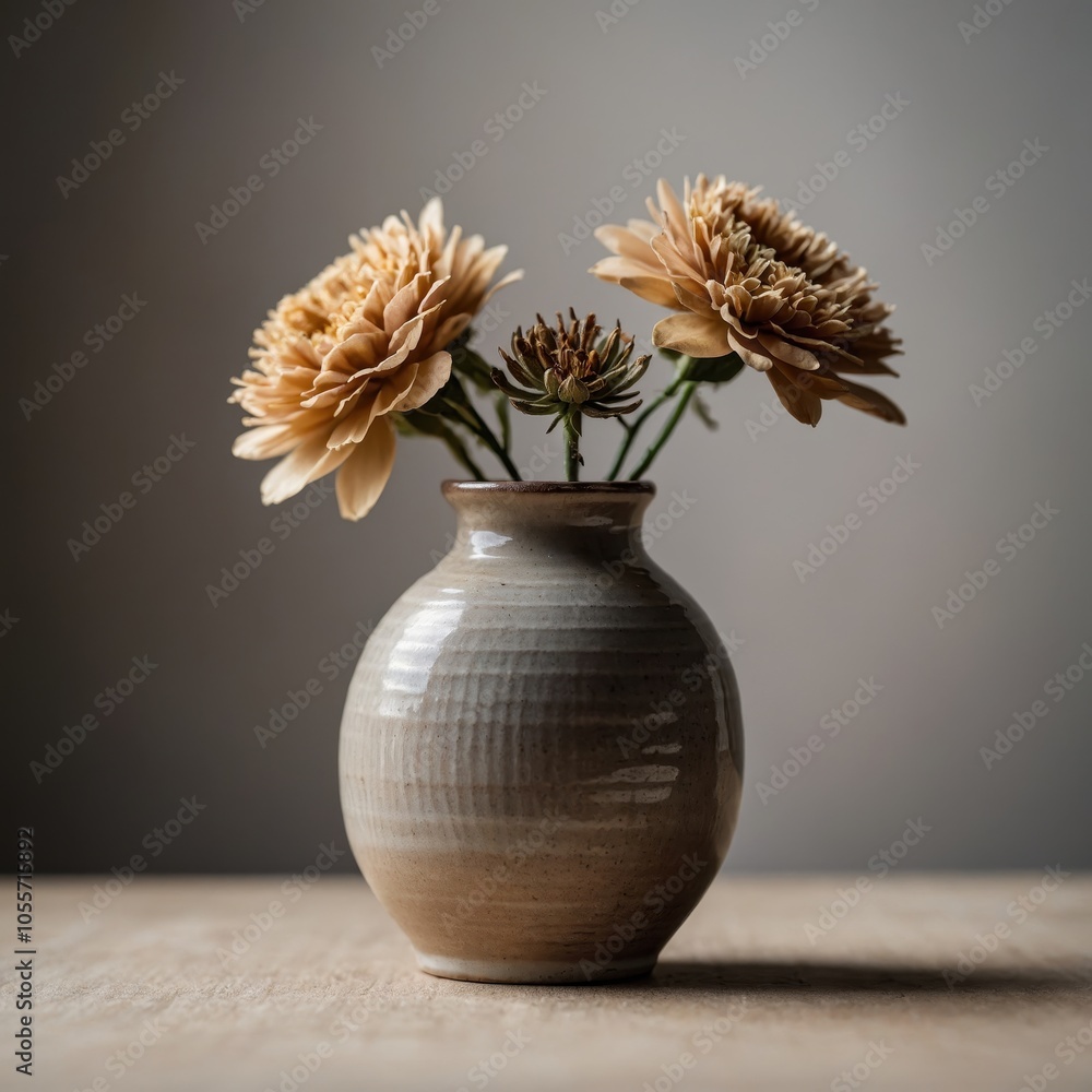 A ceramic vase filled with lifelike artificial flowers, showcasing soft colors and delicate details. The vase has a simple, elegant design, adding a touch of charm A ceramic vase filled with lifelike artificial flowers, showcasing soft colors and delicate details. The vase has a simple, elegant design, adding a touch of charm