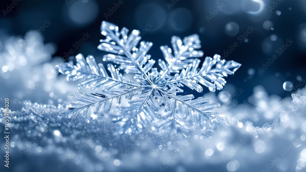 Close-up of a delicate snowflake resting on shimmering snow Close-up of a delicate snowflake resting on shimmering snow