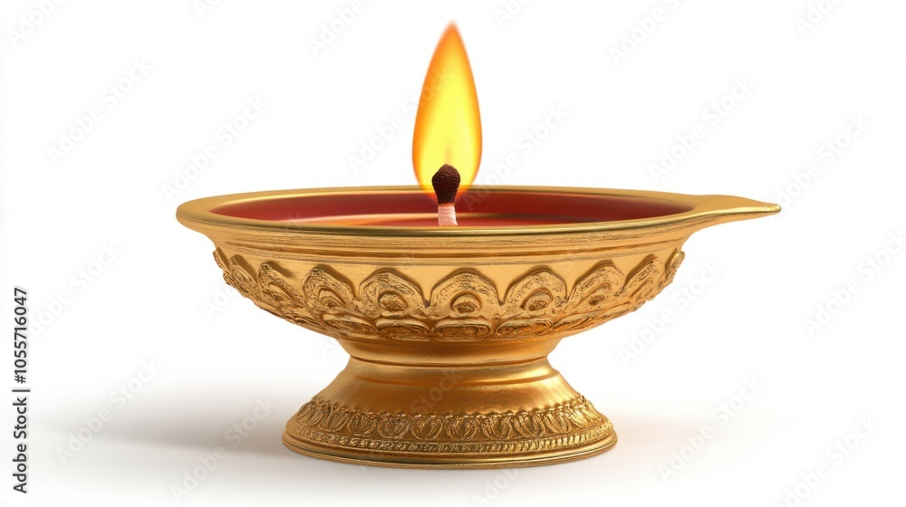 Simple diya lamp with bright golden flame, creating a peaceful, warm atmosphere, isolated on white Simple diya lamp with bright golden flame, creating a peaceful, warm atmosphere, isolated on white
