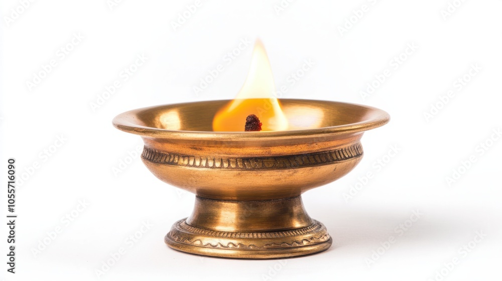 Simple diya lamp with bright golden flame, creating a peaceful, warm atmosphere, isolated on white Simple diya lamp with bright golden flame, creating a peaceful, warm atmosphere, isolated on white