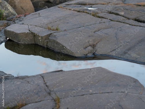 Closeup detailed shot of reflective water between rocks at sunset time in High coast of Sweden photo