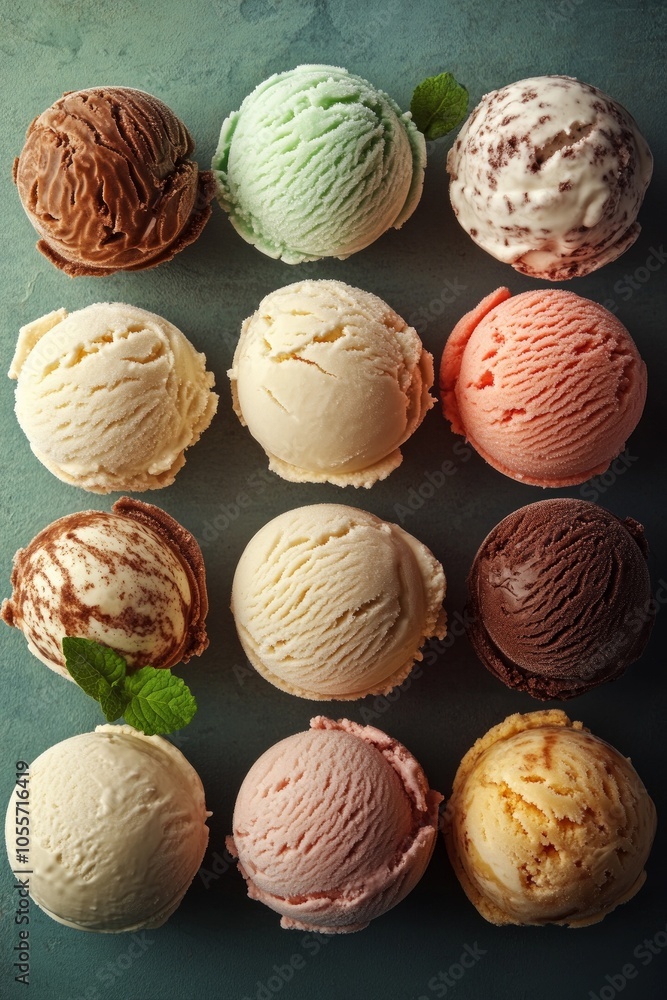 Twelve delicious ice cream scoops in various flavors are beautifully arranged with fresh mint leaves, showcasing a colorful and tempting treat on a textured background Twelve delicious ice cream scoops in various flavors are beautifully arranged with fresh mint leaves, showcasing a colorful and tempting treat on a textured background