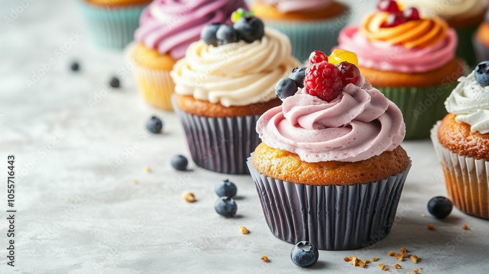 Colorful cupcakes with various frosting and fresh berries on a light gray background Colorful cupcakes with various frosting and fresh berries on a light gray background