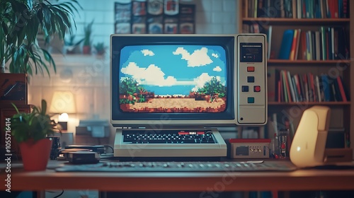 Retro monitor with pixelated game displayed in high detail on a desk setup blending retro with contemporary style photo