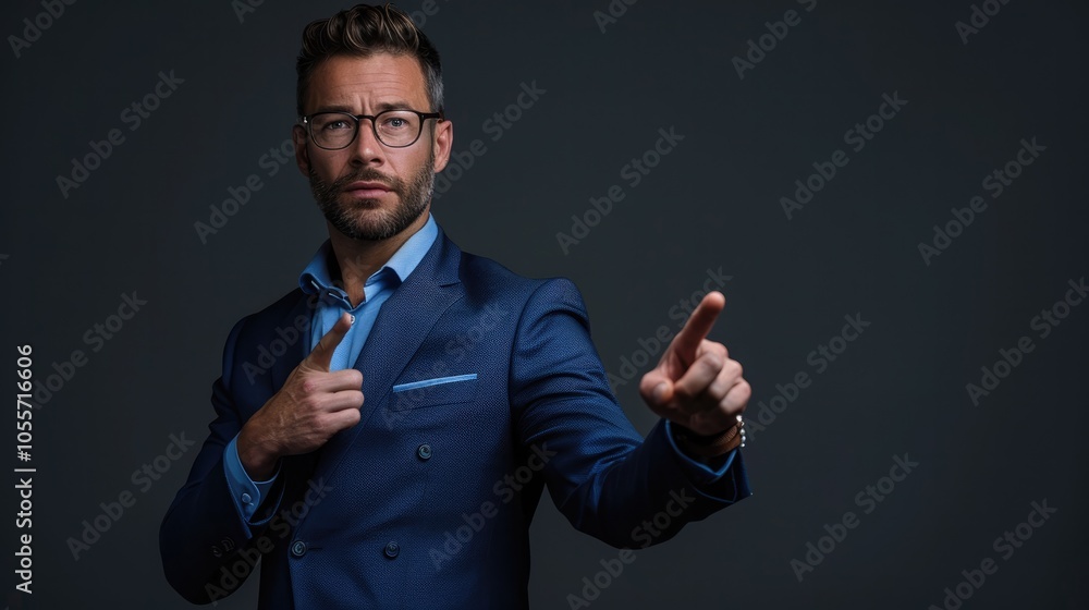 Businessman in Blue Suit Pointing on Solid Background Businessman in Blue Suit Pointing on Solid Background