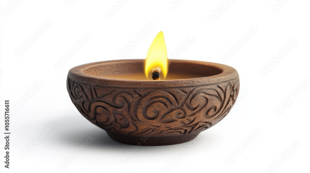 Small oil diya with bright yellow flame and carved details, symbolizing light in the darkness, isolated on white Small oil diya with bright yellow flame and carved details, symbolizing light in the darkness, isolated on white