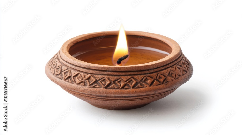 Small traditional diya with a flickering flame, creating a serene atmosphere, isolated on white Small traditional diya with a flickering flame, creating a serene atmosphere, isolated on white