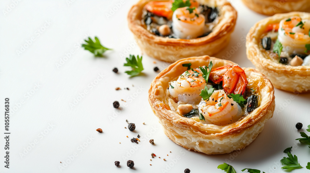 Savory seafood tarts topped with shrimp and herbs on a clean white background Savory seafood tarts topped with shrimp and herbs on a clean white background
