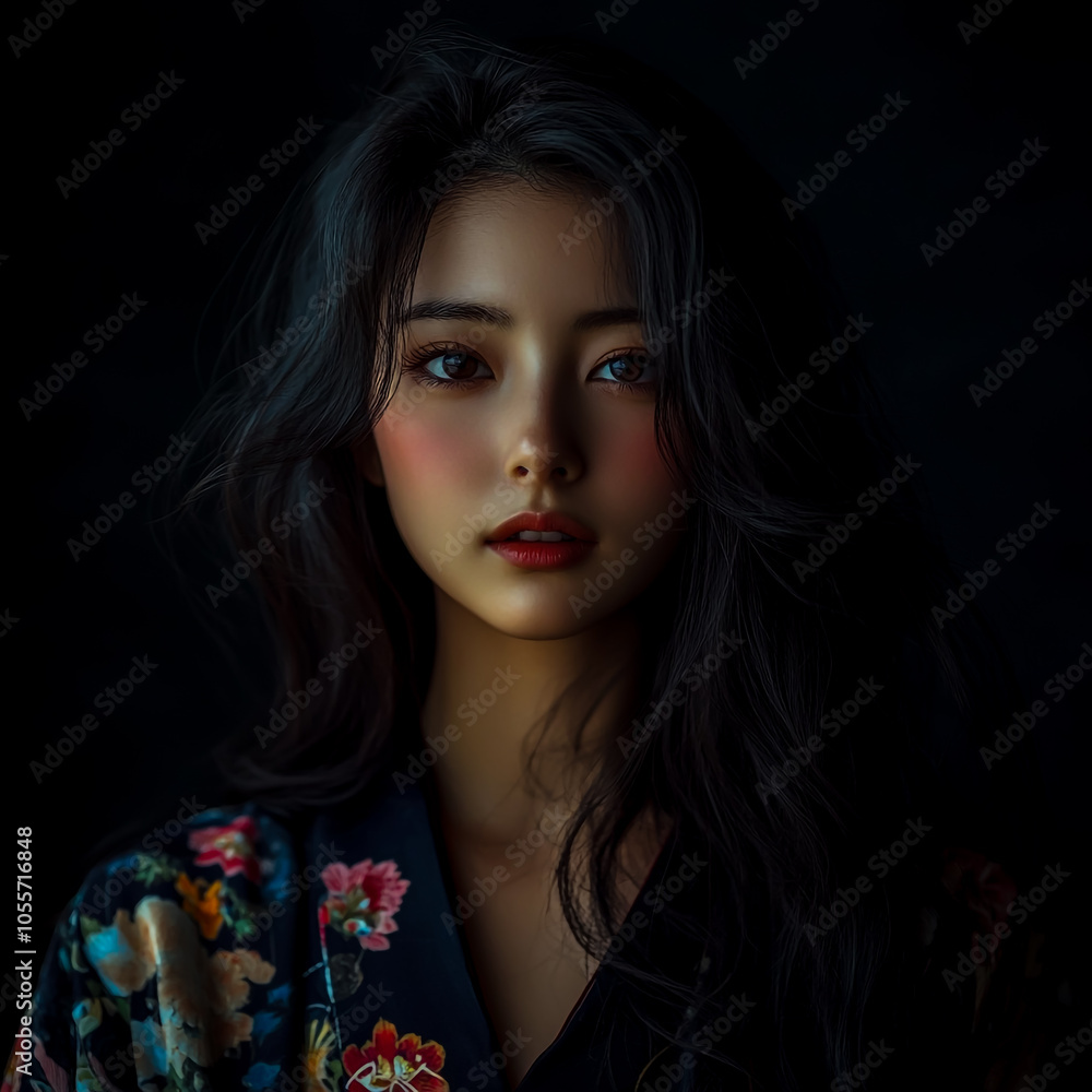 Naklejka premium Beautiful Japanese women, with long hair wearing a kimono.