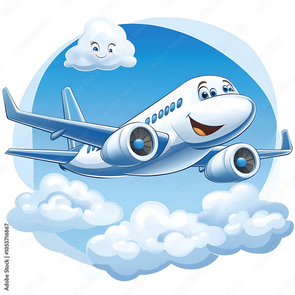 Naklejka premium Cartoon airplane flying with clouds and a smiling face on a white background.