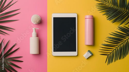 Vibrant Display of Skincare Products on Pink and Yellow Background to Celebrate Green Monday Sale. Green Monday Concept photo