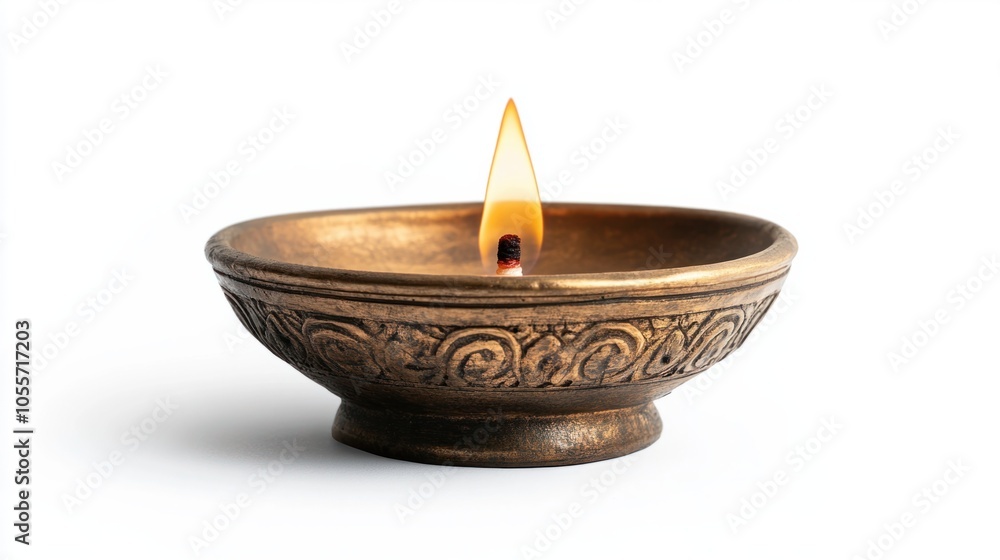 Traditional diya lamp with a golden flame, representing spirituality and peace, isolated on white Traditional diya lamp with a golden flame, representing spirituality and peace, isolated on white