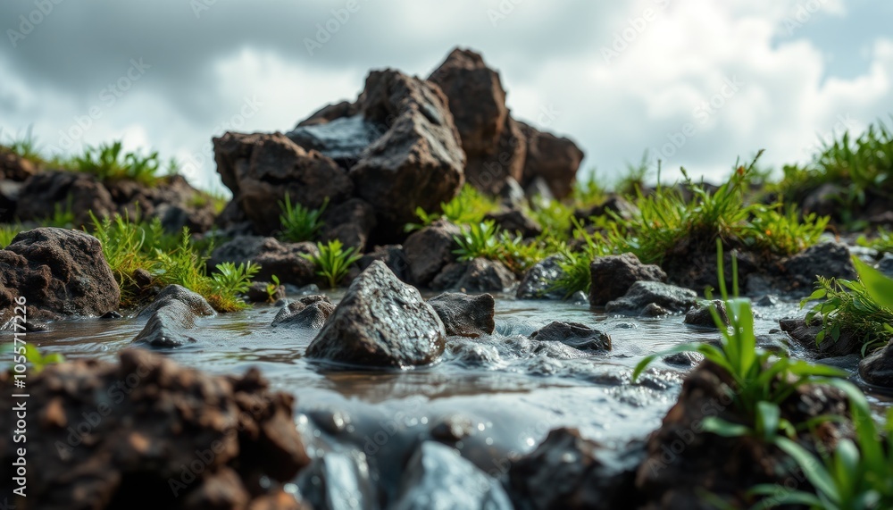 Tranquil stream flowing among rocky terrain Tranquil stream flowing among rocky terrain