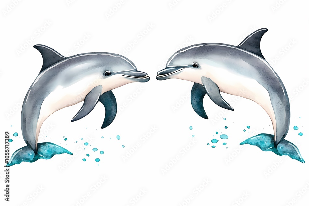 Fototapeta premium Dolphins Leap in Turquoise Waters Watercolor Art