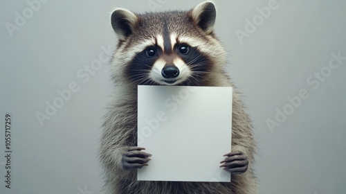A raccoon on a uniform colored background holding an empty white advertising poster