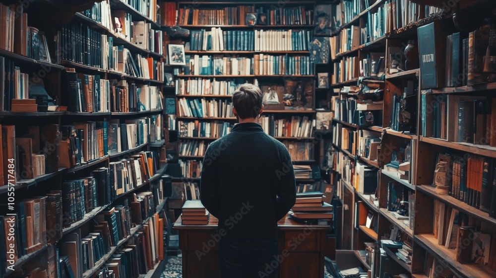 Person standing in an antique library surrounded by bookshelves Person standing in an antique library surrounded by bookshelves