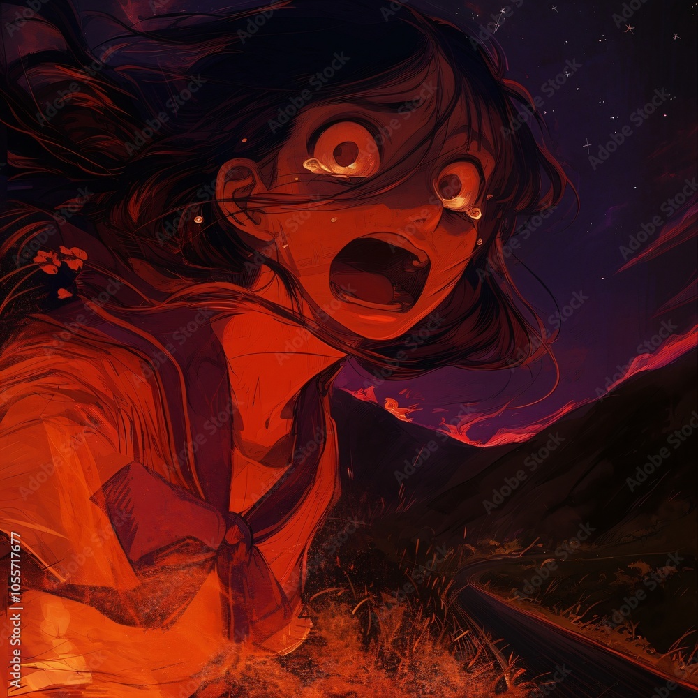 Anime Girl Screaming in Fear Red Sky Night Digital Painting Anime Girl Screaming in Fear Red Sky Night Digital Painting