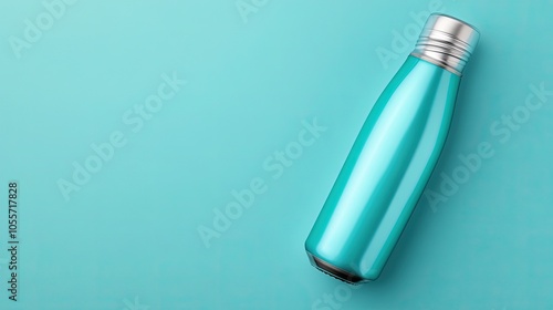 Teal water bottle on light blue background with copy space