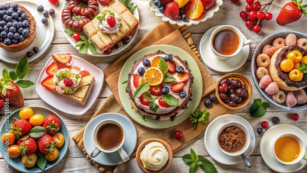 Aerial View of Assorted Cakes on a Breakfast Table for Morning Delight Aerial View of Assorted Cakes on a Breakfast Table for Morning Delight