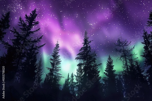 Silhouetted Pine Trees Underneath a Vibrant Aurora Borealis