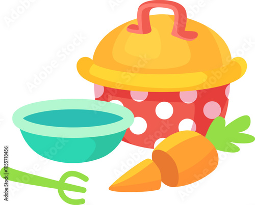 Vibrant illustration featuring a pot, a bowl filled with baby food, a carrot, and a baby spoon, emphasizing the preparation of nutritious meals for infants