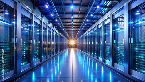 Bright Corridor in Modern Data Center with Blue Lights