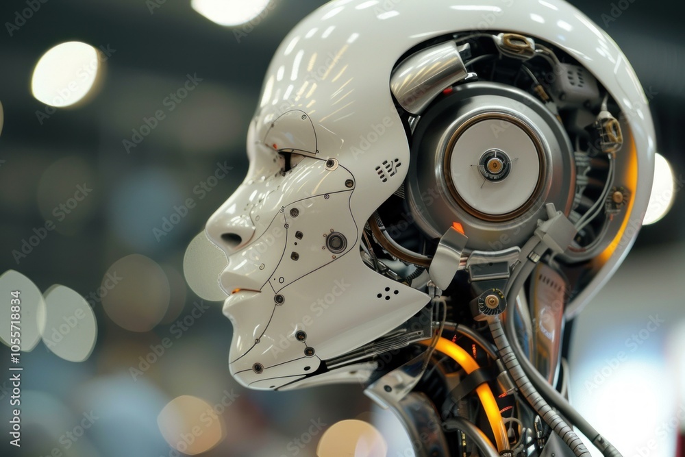Close up of a white and chrome humanoid robot with glowing orange wires Close up of a white and chrome humanoid robot with glowing orange wires