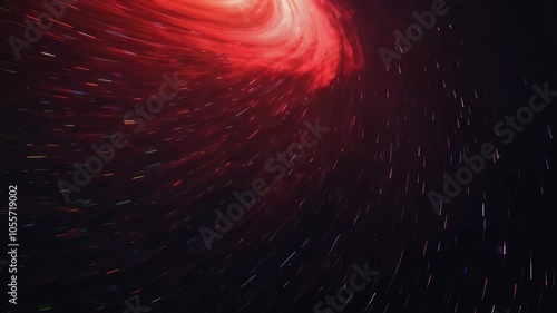 Massive red supergiant emits cosmic rays while a meteor shower streaks through the stars, creating a vivid space scene. photo