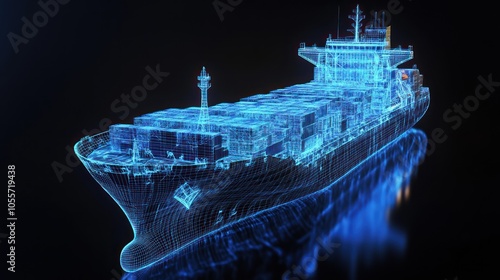 A blue digital wireframe of a cargo ship on a black background.