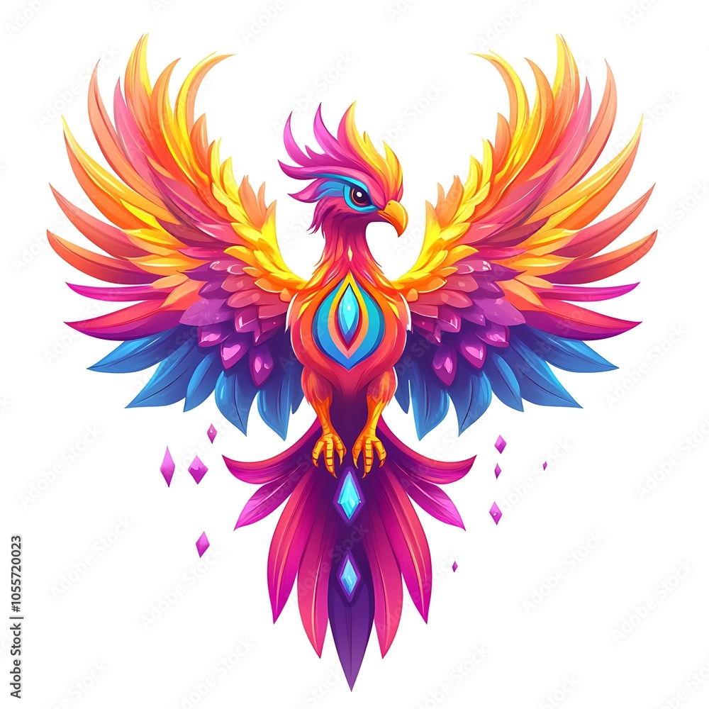 Obraz premium Cartoon phoenix rising with colorful flames and a confident expression on a white background.