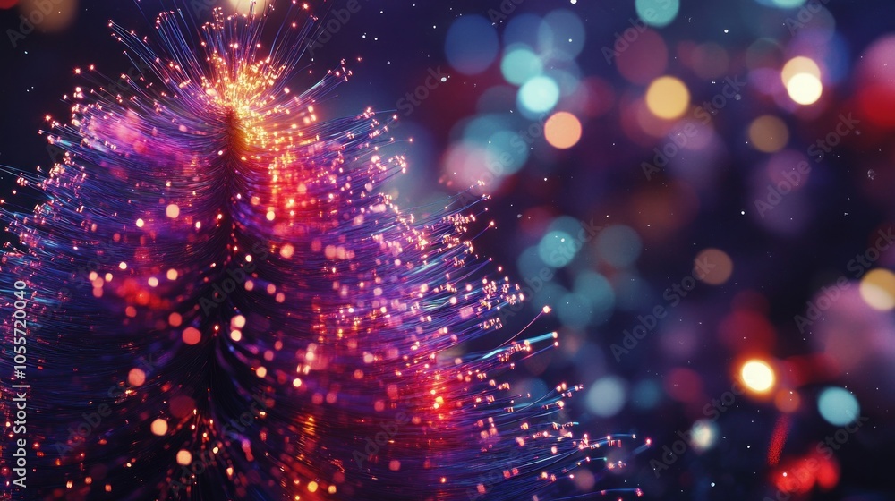 Obraz premium A close-up of a fiber optic Christmas tree with a blurred background of colorful lights.