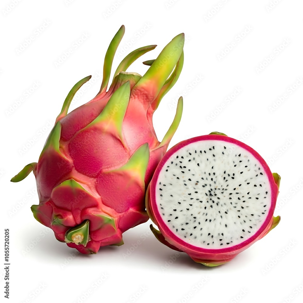 Ripe dragon fruit, one halved, showing white flesh and black seeds. Solid white background. Ripe dragon fruit, one halved, showing white flesh and black seeds. Solid white background.
